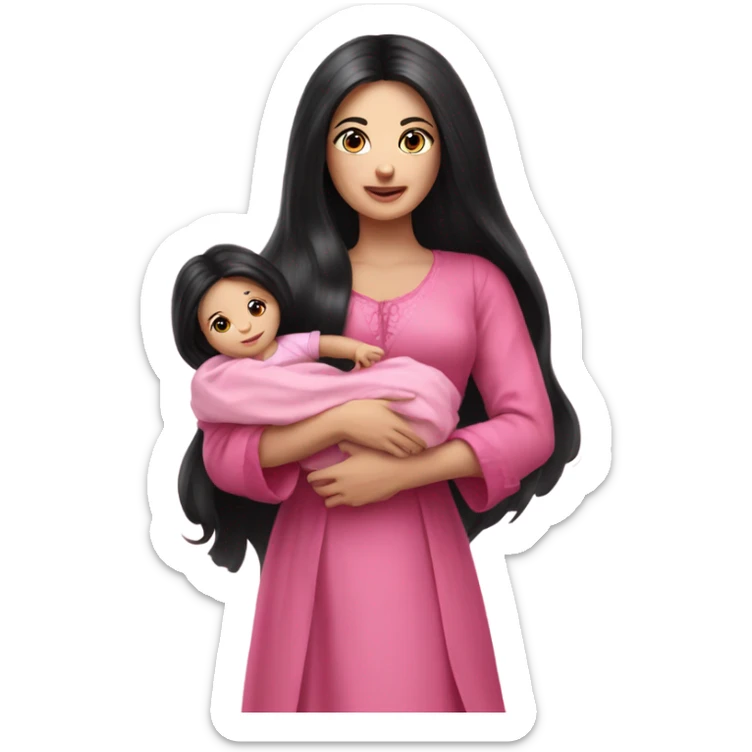 Beautiful Russian lady with very long black hair pink clothes holding baby  sticker