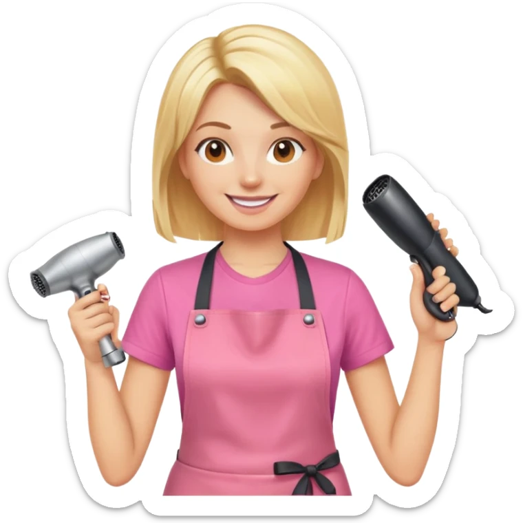 blonde female hairstylist smiling, pink t-shirt, orange apron, hands up, holding scissors and hairdryer clearly shown sticker