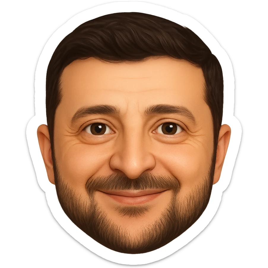 Vladimir Zelensky as an emoji with a round face, close likeness to his real face, detailed hair, beard, and eyes, friendly smile, high quality sticker