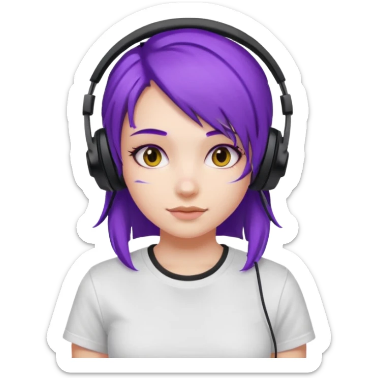 Gamer Girl with black Headset + Purple Hair, white T-shirt sticker