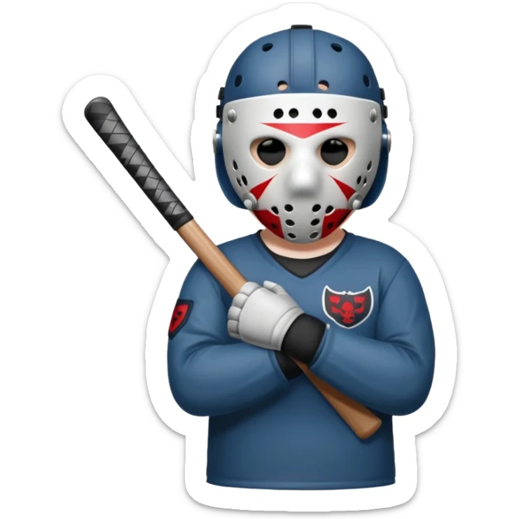 a cartoon image of Jason Voorhees, looking cute, with his hands together in front of him sticker