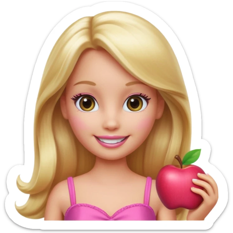 A Barbie-inspired Apple emoji character, big shiny emoji eyes, long blonde hair, wearing a pink dress, smiling, 3D Apple emoji style, clean white background, soft shading. sticker