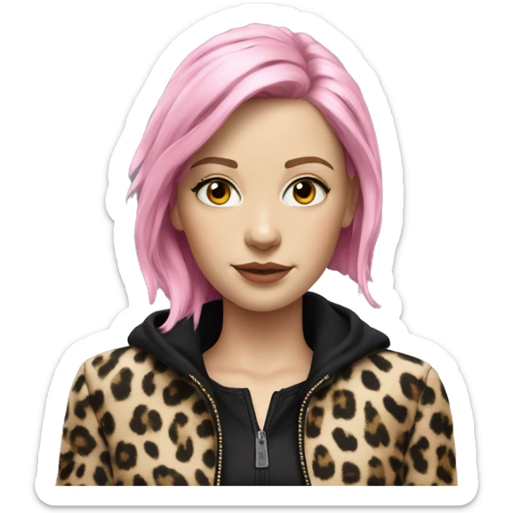 Hyperrealistic WHITE GIRL WITH BLACK AND PINK HAIR AND A JACKET OF LEOPARD AND BLACK SHIRT  sticker