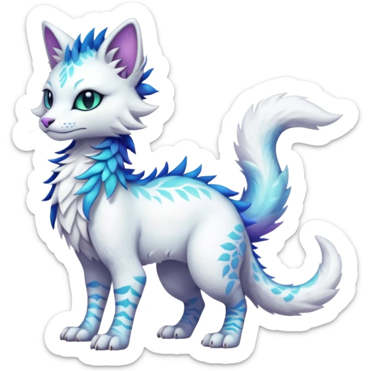 Kawaii white iridescent edgy cute cool fantasy feline-vernid-sergal-fursona animal creature with a tufted tail full body with intricate markings  sticker
