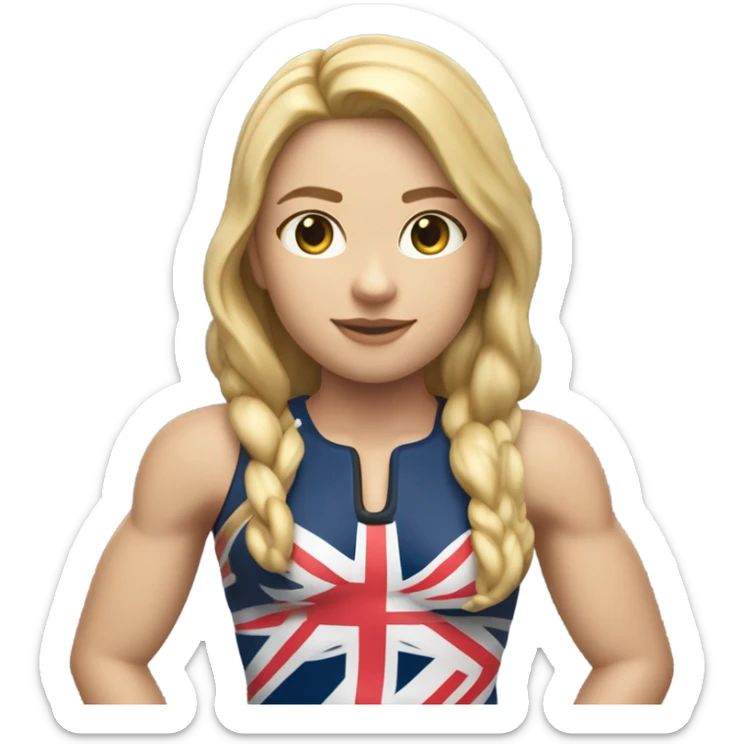 A girl with long blonde hair with wide shoulders wearing a Great Britain rowing swimming suit and has toned muscles and add a necklace that has a sea shell pendant on it. The necklace is around the neck and the pendant is on her chest  sticker