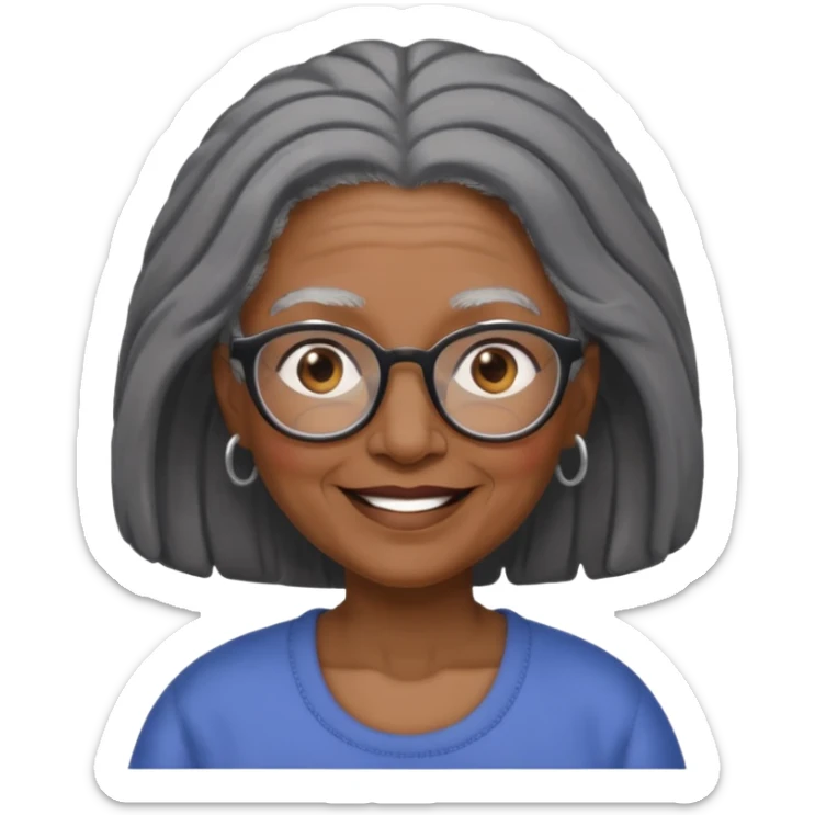 emoji of a black grandma with long hair that reaches past shoulder black and gray hair with glasses and brown eyebrows sticker