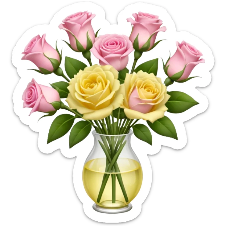 A mixed bouquet of four flowers, featuring pink roses and yellow lisianthus. sticker