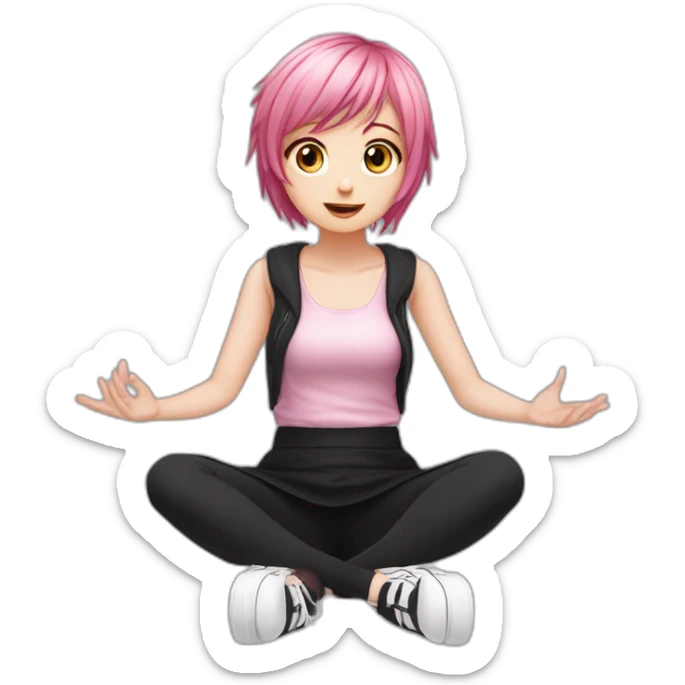 Full body Front view curvy emo girl pink hair sits on the floor straight view hands up black skirt белые трусики полосатые рваные чулки sticker