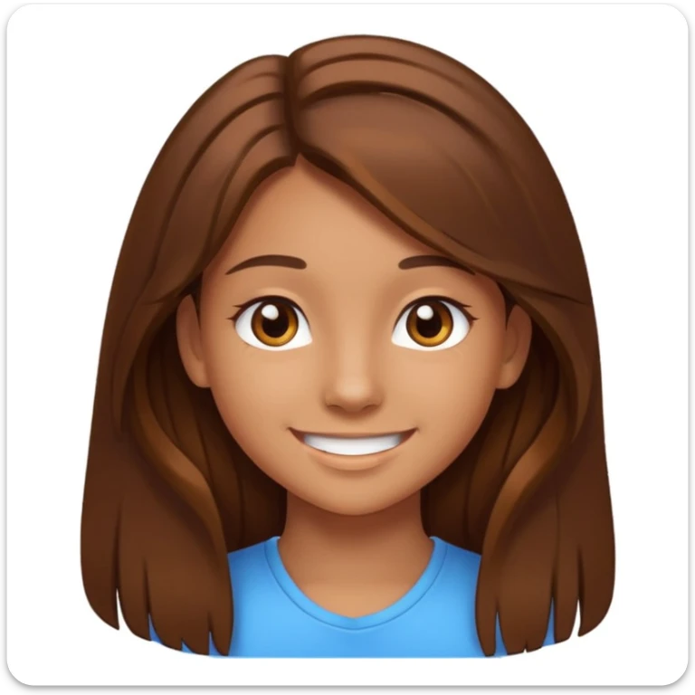 teen emoji girl with long brown hair, brown eyes, smiling, white background sticker