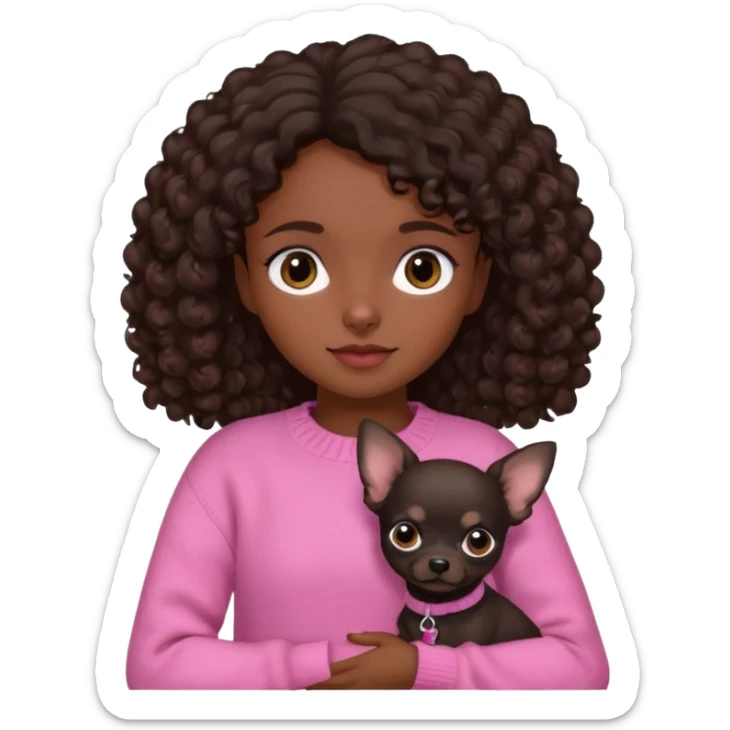Girl with dark brown curly hair and brown eyes in a pink sweater holding a black chihuahua sticker