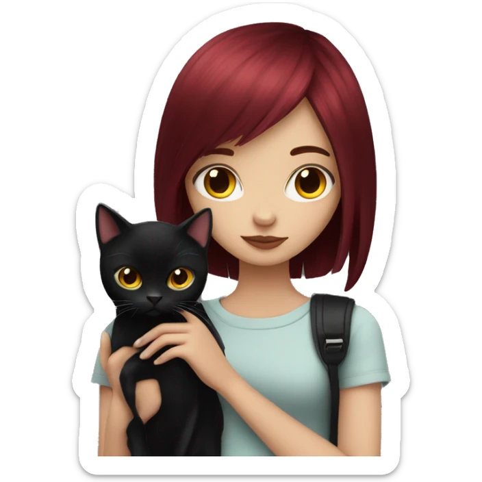 Girl with burgundy hair and emo fringe holding a black cat sticker