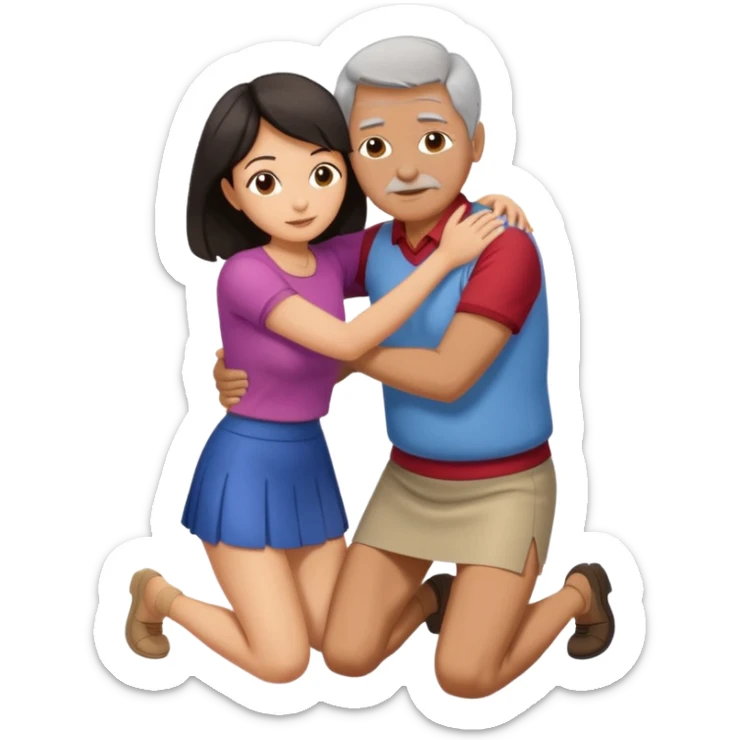 older man with dark hair on knees, facing dark haired, middle aged woman in a micro mini skirt, hugging her waist sticker
