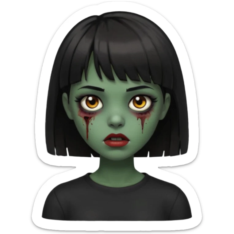Zombie girl emoji verde escuro com cabelo curto liso preto no ombro e franja na altura da sobrancelha cobrindo completamente a testa, usando uma blusa preta, com olhos castanhos escuros sticker