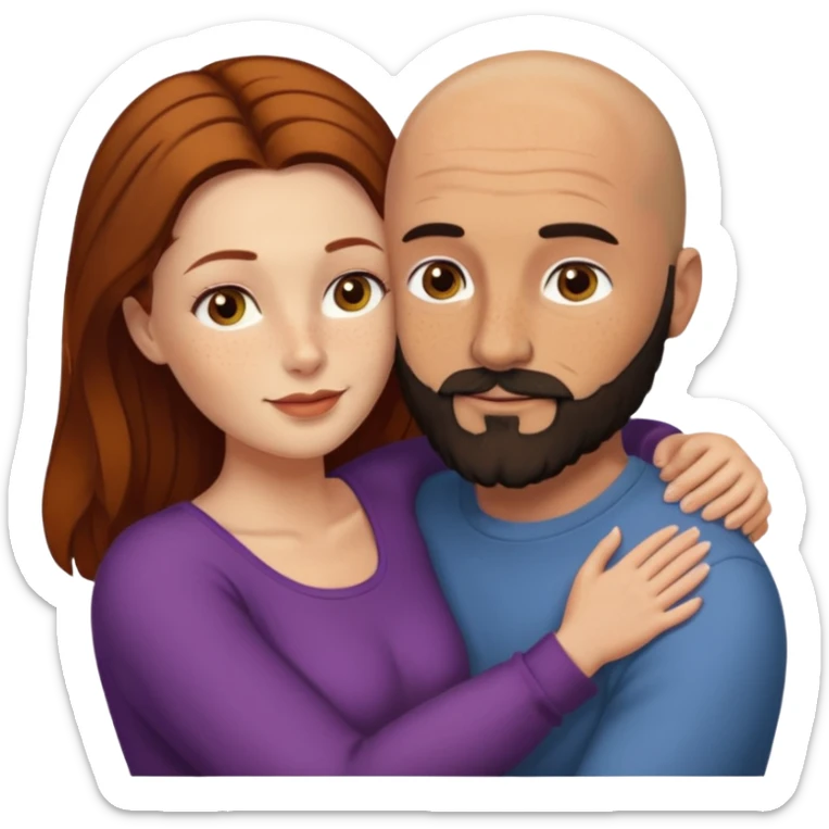 Couple. Bald man with dark brown-black beard. White woman with many small, faded freckles, she has white skin and she has auburn-yellow-brown-cinnamon, dark long hair. She has light brown eyes. The man have hazel eyes. Retro style. They hug. sticker