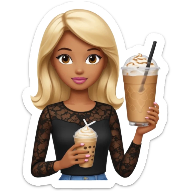 brown skin blonde barbie wearing black lace shirt with iced latte sticker