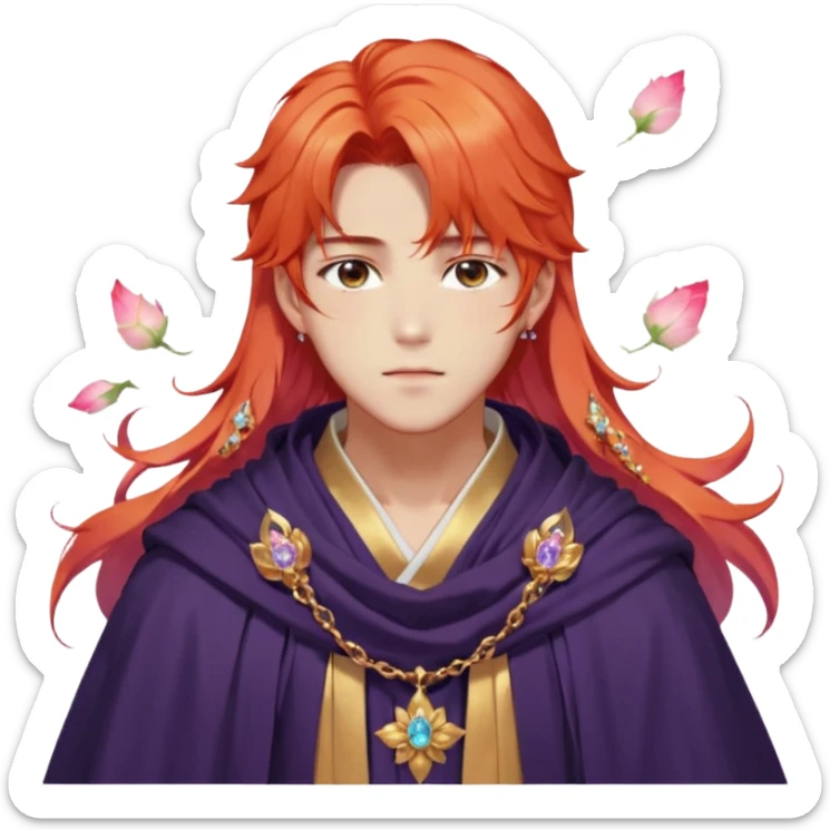 Beautiful gorgeous blushing Korean-BTS-anime guy with beautiful fiery-special-medium-long-hair, fashion aesthetic, ethereal, fairycore, pastelcore, flower petals, crystals, layered robes, toga, cloak scarf, accessories, jewelries, gold, colorful, shiny, trending style, outside sticker