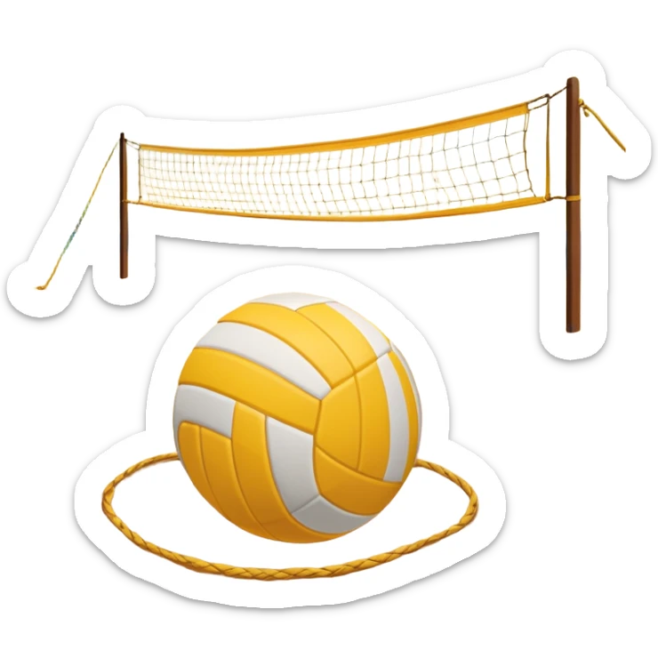 A volleyball resting on the yellow sand on a beach, with the net in the background and a scenic view of the ocean and sky. The scene captures the relaxed yet competitive vibe of beach volleyball, with warm sunlight and the natural beauty of the beach. sticker