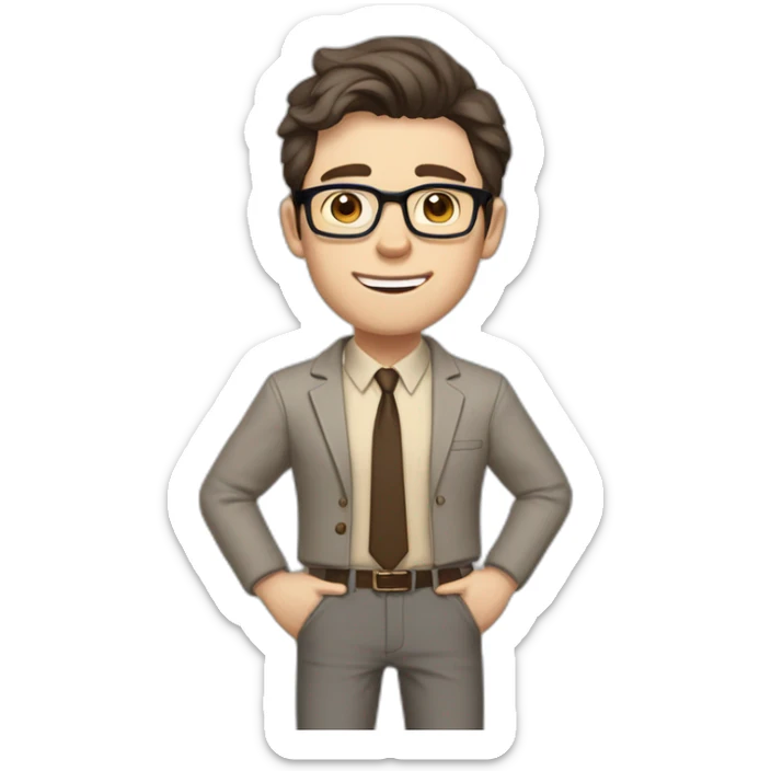 Joyful Full height Pale skinned Fit Man With dark brown hair in gray classic jacket, beige office shirt, Brown pants and vintage glasses. Thrumbs of his palms are up sticker