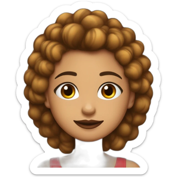 Chica de pelo negro largo y liso ojos marrón claro y almendrados labios gordos y dientes bien colocados tiene hecho el eyeliner y lleva una camiseta roja sticker