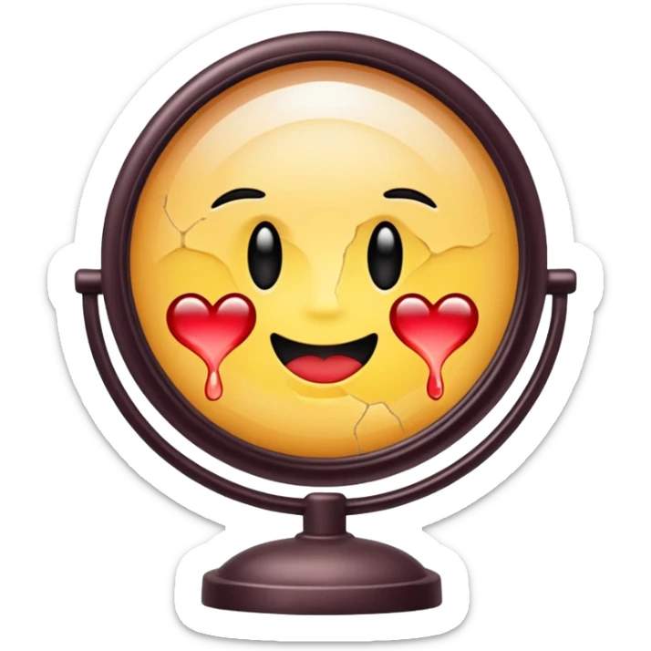 Minimalist emoji-style sticker of a vanity mirror with dim bulbs and cracked glass, words “Am I real yet?” smeared in dusty lipstick tone


 sticker