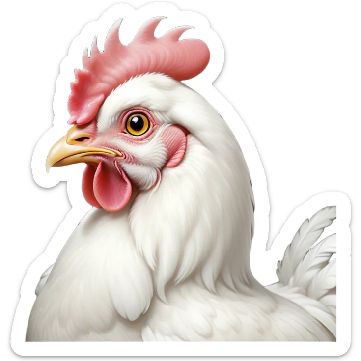 Cinematic Noble White Chicken Portrait Emoji, Poised and regal, with a compact, sturdy build and a pristine, well-groomed pure white plumage, deep-set soulful beady eyes, Simplified yet sharp and sophisticated features, highly detailed, glowing with a soft, dignified glow, high shine, intelligent and alert, stylized with an air of barnyard elegance, focused and attentive, soft glowing outline, capturing the essence of a watchful and confident fowl, so majestic it feels as though it could strut out of the screen with effortless authority! sticker