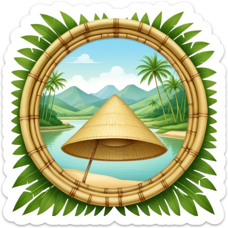 ​Cinematic Realistic Traditional Vietnamese Nón Lá, depicted as a delicately crafted conical hat made of bamboo and palm leaves with subtle texture and natural wear, set against a serene rural backdrop bathed in warm, soft sunlight, evoking authentic cultural heritage, sticker