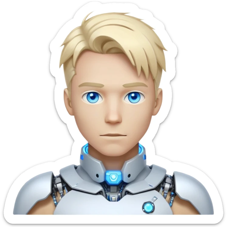 Cyborg male with tousled straight blond hair, partly mechanical face, glowing eyes, white tech collar sticker