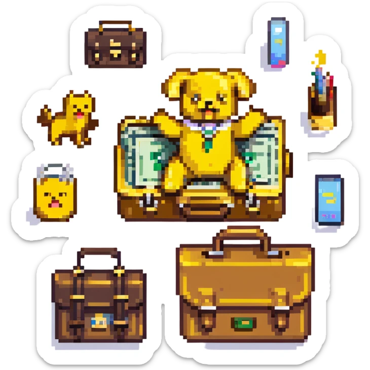 Yellow emoji with karate dogs, a briefcase, money, a phone and a paintbrush flying in its aura sticker