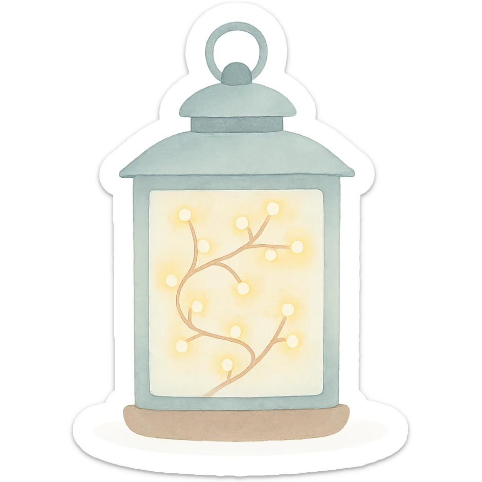watercolor art illustration of a magical lantern glowing with fairy lights, calm pastel colors, white background, designed for sticker printing sticker