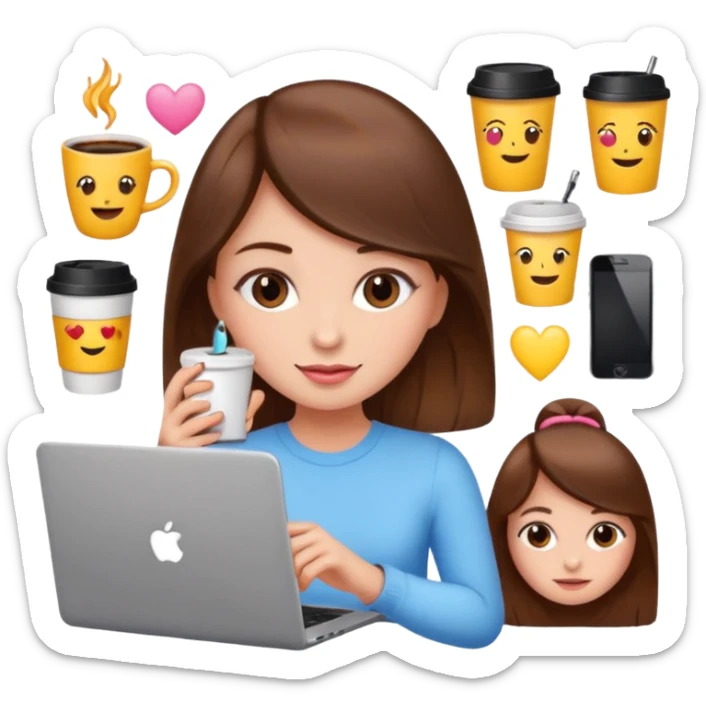 emojis de objetos girlie, cafe, uñas, celular, laptop, version girlie castaña blanca sticker
