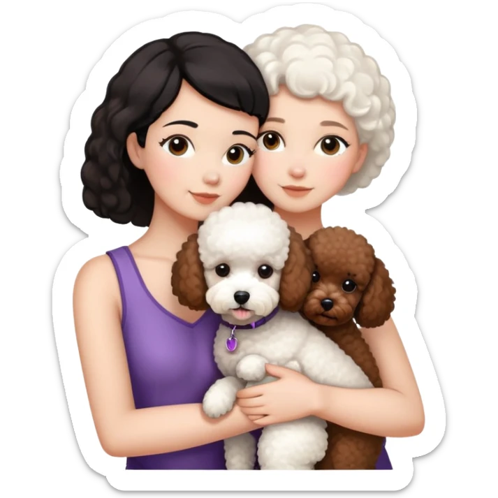 Woman with short black straight hair hugging a brown poodle and a white bichon frise sticker