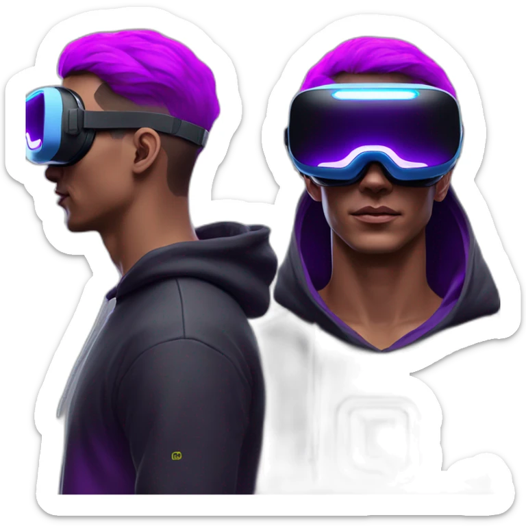 Man with white skin in the black hoody with violet OMG VR logo on it wearing vr headset oculus quest 2. Cyberpunk style. Violet neon. sticker