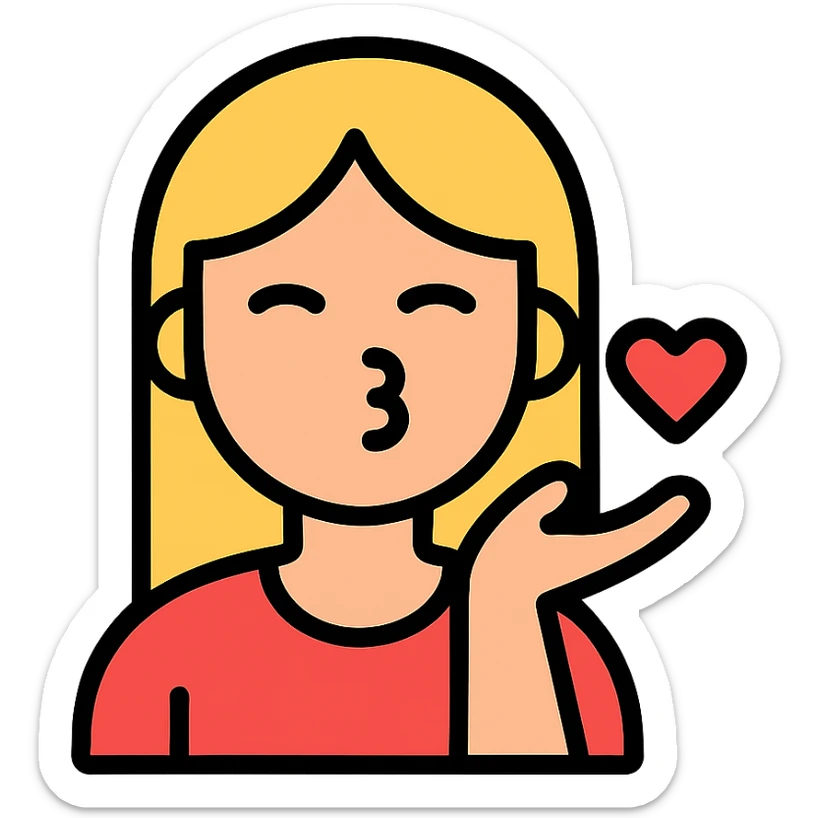 icon of a blonde girl with straight hair blowing a kiss to the screen, simple and modern, minimal and clear design sticker