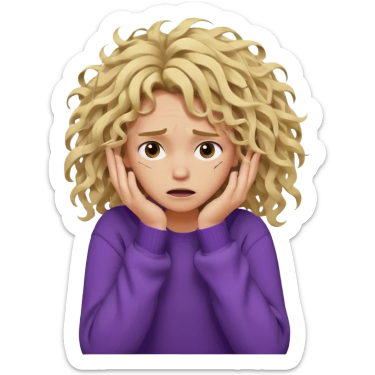 Emoji-style illustration of a frustrated young woman, messy, tangled, curly tousled blonde hair, clearly unkempt and chaotic, wearing a purple sweater, holding her face in her hands, expressing annoyance and disappointment, cartoonish, expressive, simple lines, flat colors, clear silhouette,  sticker