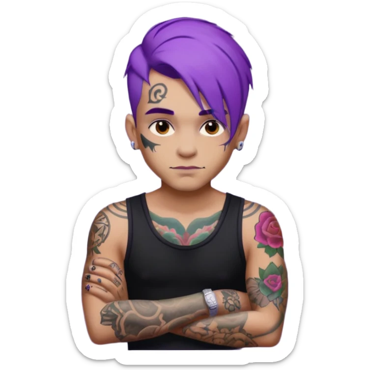 men with tatoos and hightlight that tatoos with purple hair and black dress and close look sticker