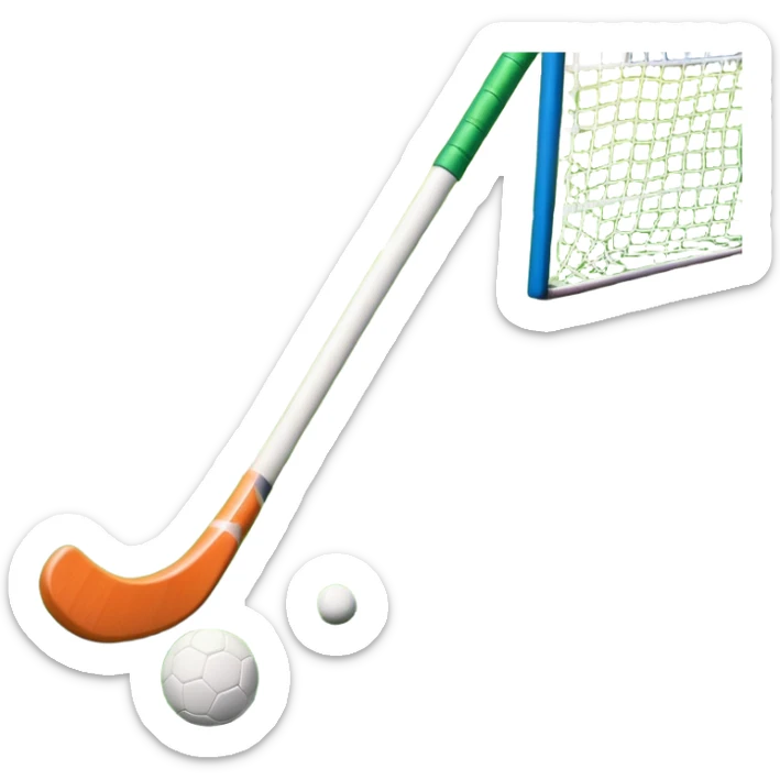 A field hockey stick and ball resting on a well-maintained green grass field, with the goalposts and markings visible in the background. The scene highlights the precision and focus of the sport, with the vibrant green pitch creating a dynamic atmosphere. sticker