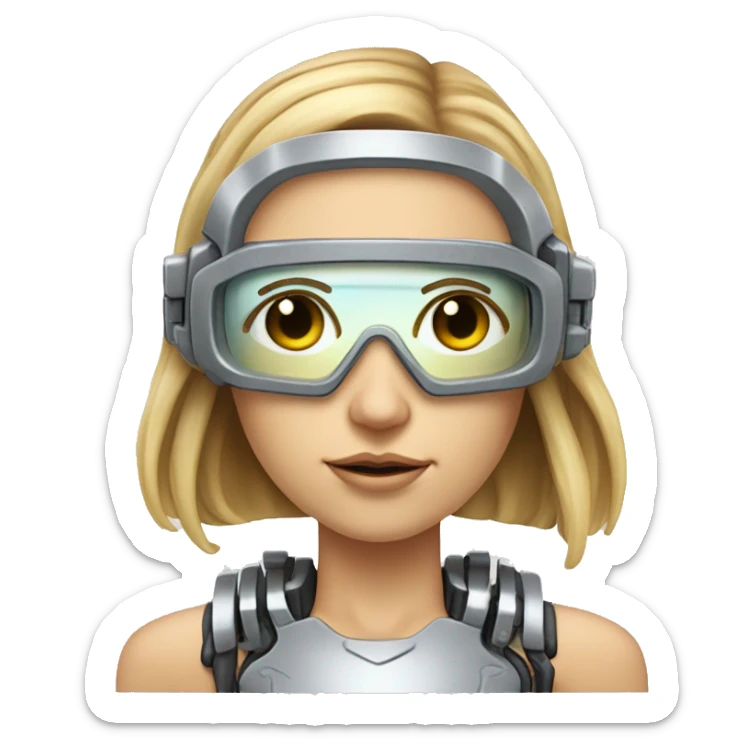 female cyborg head, fair skin, Brown long hair with blonde steaks, space age goggles and circuits sticker