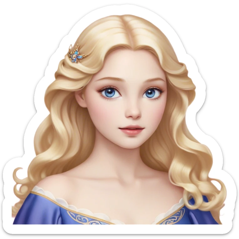 Cinematic Realistic Sleeping Beauty (Aurora) Portrait, with porcelain-like skin featuring a natural rosy flush, illuminated by soft lighting that highlights the gentle contours of her face. Her golden blonde hair flows in soft, detailed waves with subtle highlights that shimmer in the light. Her deep violet-blue eyes radiate warmth and innocence, framed by arched brows and long lashes. With a soft, serene smile, she holds a delicate rose gently in one hand, her other hand resting lightly by her side. She is dressed in her classic pink gown, the fabric rich in texture with delicate folds that catch the light. A golden crown rests atop her head, gleaming with royal refinement. The portrait captures a soft, glowing aura, blending realism with an ethereal sense of beauty and timeless enchantment. sticker