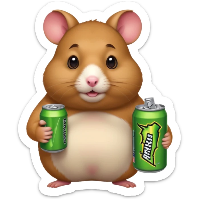 Funny cartoon-style fat hamster wide eyed holding a can of monster energy in one hand and redbull in the other hand sticker