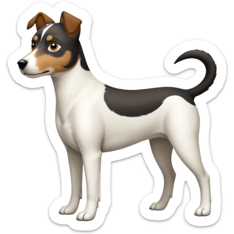 a full body large white parson russell looking dog the size of a kelpie with light brown ears and a light brown patch on one eye and a large snout sticker