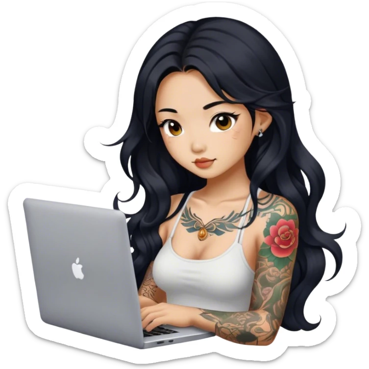 beautiful girl, with tattoos, with long black hair, wavy hair, chinese, with laptop sticker