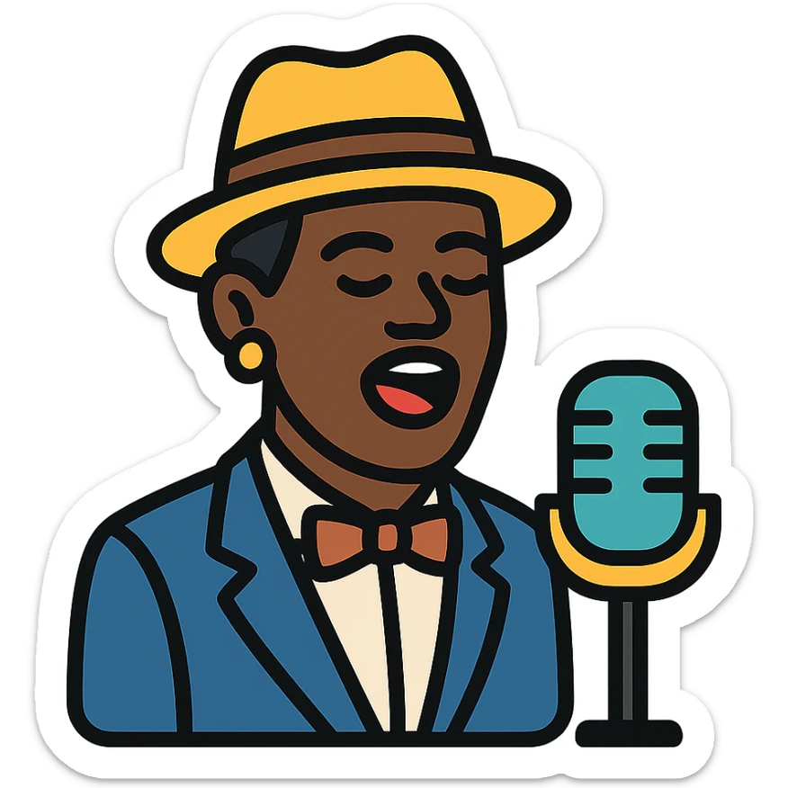 black jazz singer, 1940s, color outline icon sticker