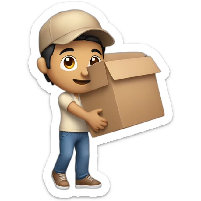 Tan skinned fit Man with black hair in a brown cap, blue jeans and beige polo T-shirt keeping a pasted box into his hands sticker