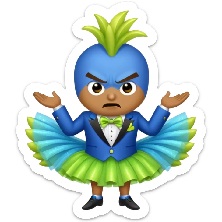 Angry blue banana wearing a sparkly lime green tuxedo and tutu sticker