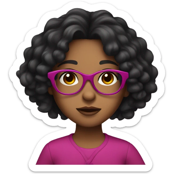 Girl with long curly black hair and brown skin and dark brown eyes and fuchsia glasses sticker