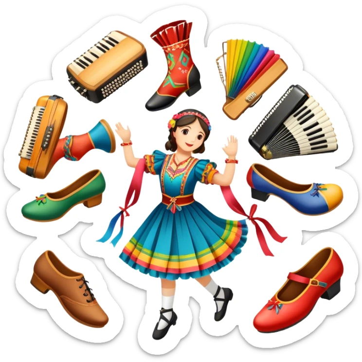Icon for Folk Dance: close-up traditional dance shoes, colorful folk costumes, and a dance circle with ribbons and musical instruments like a tambourine or accordion. The icon should represent the vibrant and cultural aspects of folk dancing. Transparent background. sticker