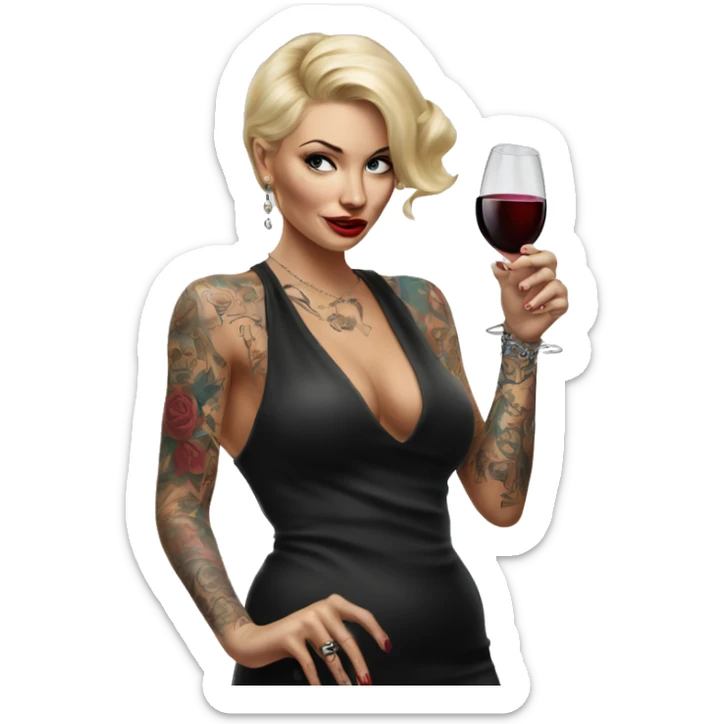 Blonde elegant women, her body covered with tattoos, wine in her one hand, pointing on you with her other hand , Hyper realistic sticker