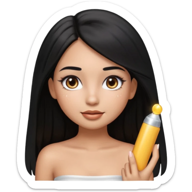 pretty cartoon girl, semi-realistic 3D emoji style, long middle parted straight black hair, tan skin, brown eyes, long eyelashes, soft glam makeup, glossy lips, smooth skin, cute aesthetic, sparkles in hair, white tube top sticker