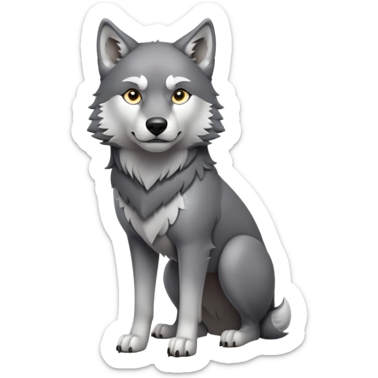 cinematic-noble-wolf-portrait-emoji,-poised-and-regal,-with-a-strong,-lean-build-and-a-sleek,-fur-of-grey-and-white,-deep-set-soulful-piercing-eyes,-simplified-yet-sharp-and-sophisticated-features,-highly-detailed,-full-body, zoomed out showing shoulders sticker