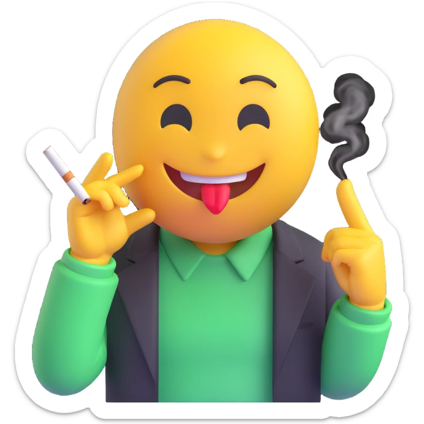 happy emoji character with a cigarette, making a good trade, green 'stonk' stock market background, expressive and cheerful sticker